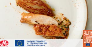 MIT HONIG LACKIERTE LABEL ROUGE HÄNCHEN FILETS, CHICORÉE UND KARTOFFELPÜREE