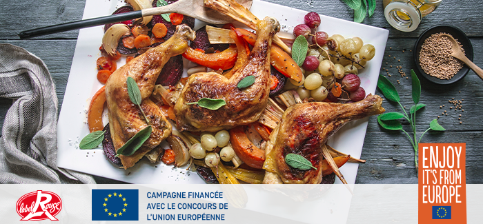 Poulet Label Rouge croustillant parfumé à la sauge, légumes d’automne et raisins rôtis